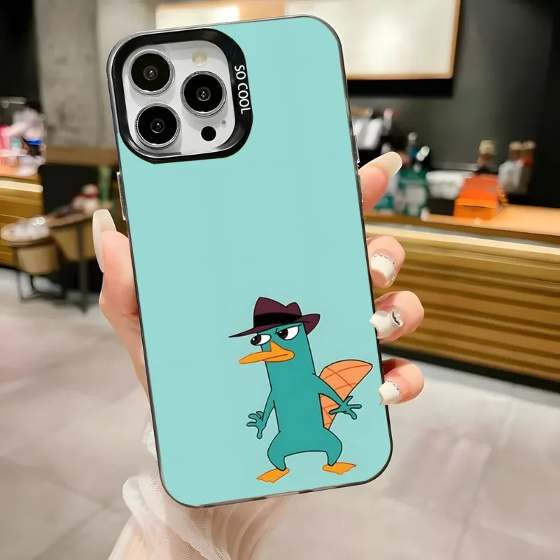 حافظة هاتف كارتون بيري The Platypus لهاتف آيفون 17,16,15,14,13,12,11,Pro,Max,Plus,Anti Fall Black Matte Hard Bumper