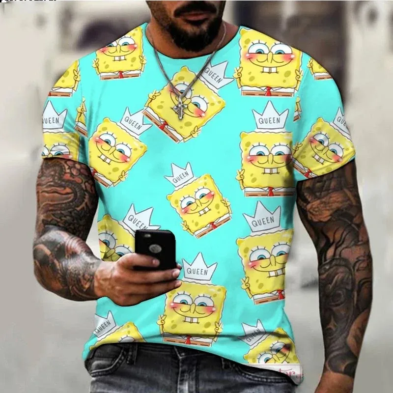 2024 Summer SpongeBob SquarePants Men\'s T-shirt Fashion Casual Men Round Neck T Shirt Cartoon Boys Clothes Girls Tops Clothing