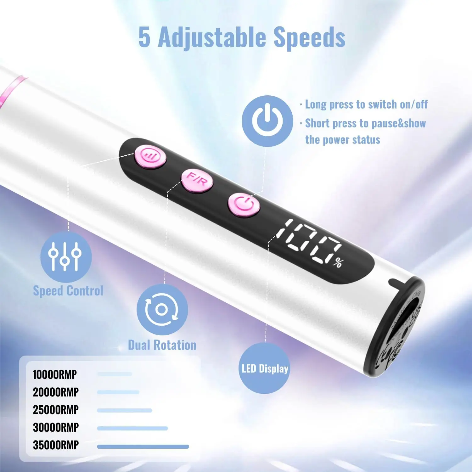 コードレス電動ネイルドリル 35000RPM UV LEDランプ付き、マニキュアペディキュアキット Eファイル アクリルジェルディップパウダー用 シルバー