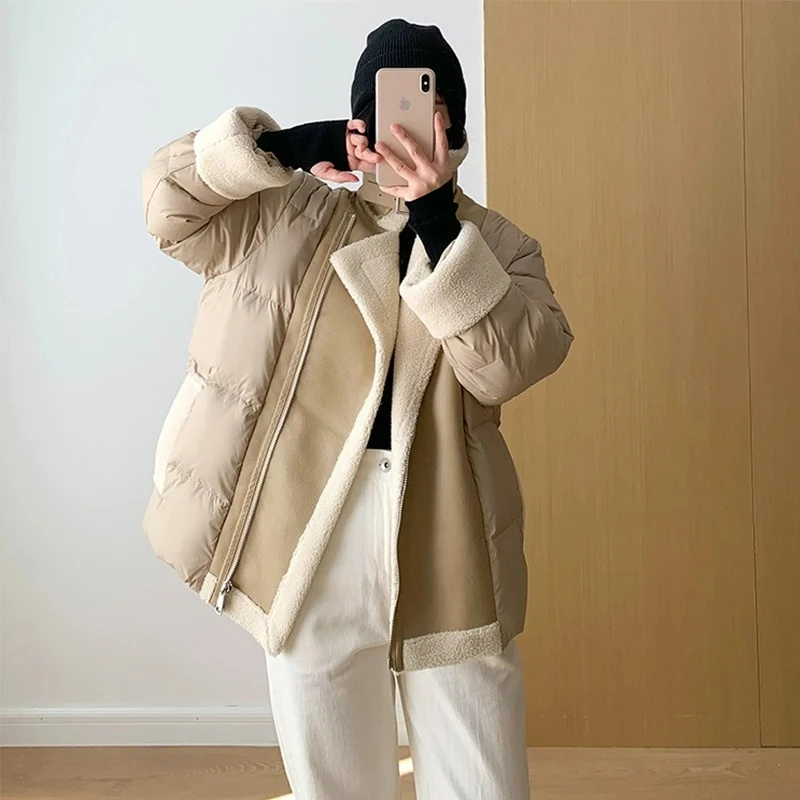 Giacca da moto invernale da donna High Street in pelle di agnello patchwork 90% piumino d'anatra bianco Lady spesso caldo capispalla in PU