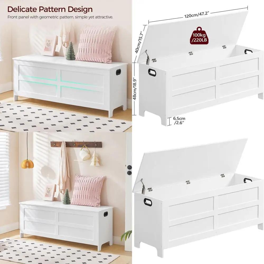 

Large 47.2 White Storage Chest with Bench, Living Room Entryway Trunk, Safety Hinge Toy Box