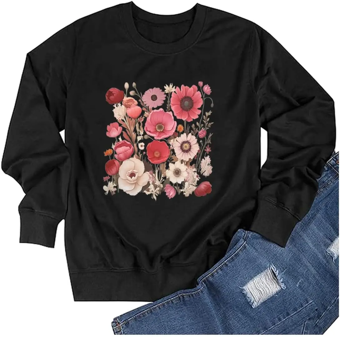 

TSIIUO Boho Floral Sweatshirt for Women Vintage Flowers Graphic Tops Funny Gift Plant Lover Causal Long Sleeve T-Shirt