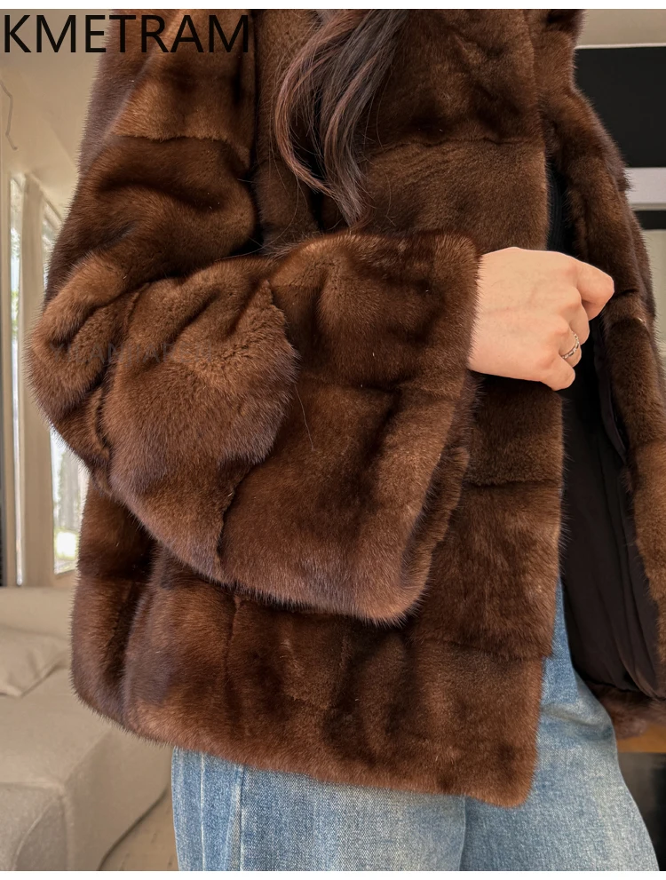 سترة KMETRAM 100% من فرو المنك للسيدات بياقة واقفة معطف قصير من الفرو الحقيقي 2025 ملابس خارجية شتوية عالية الجودة ملابس نسائية