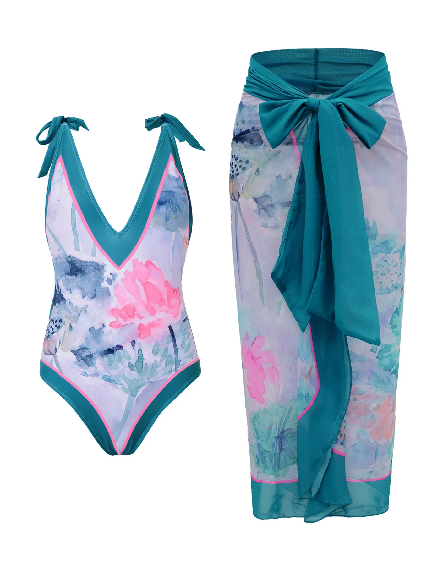 

Женский универсальный купальник + верхняя юбка. Дизайн листьев лотоса, V-образный вырез, универсальные погоны, шнурки фартука.