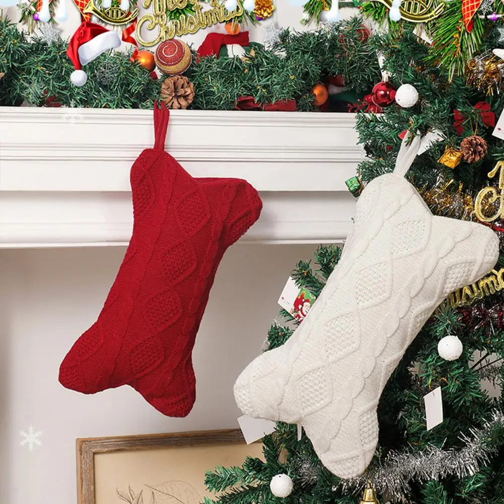 24*42cm Dog Christmas Stocking Bone Shape Knitted Xmas Stocking Pets Gift Bag Hanging Holiday Stocking For Tree Mantel Decor