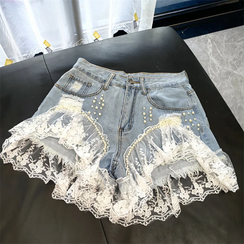 Personality Hole Beaded Spring and Summer Women's High Waist Denim Shorts Stiching Lace