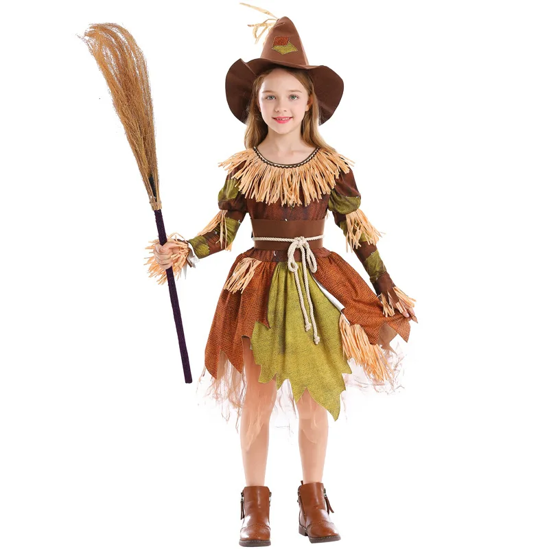 

Halloween Scarecrow Costume Wizard of Oz Pumpkin Patch Scarecrow Dress for Kid Girls Drama Stage Clown Circus Cosplay Party Gown