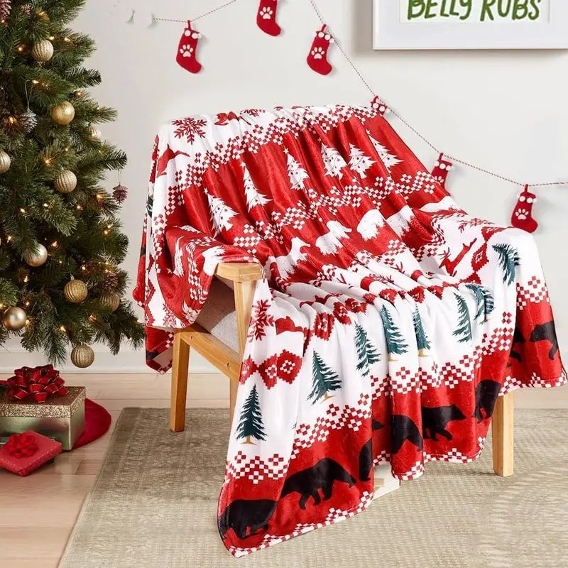 VIKAMA Christmas Blanket Pine Tree Black Bear Snowflake Kids Throw for Sofa Living Room Bedroom Cozy Warm Winter Holiday Gift