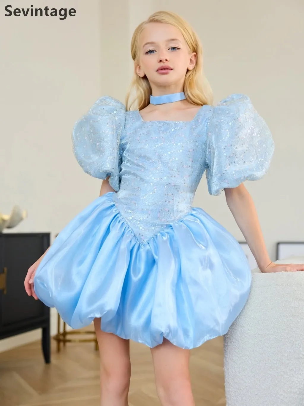 Sevintage Mini Flower Girl Dress Square Neck Princess Ball Gown Oversized Puff Sleeves Beaded Bodice Birthday Dress Customied