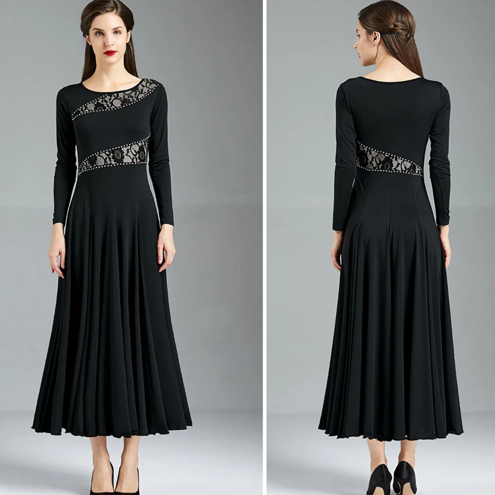 Abito da competizione di ballo da sala a maniche lunghe da flamenco, gonna galleggiante in costume da competizione di valzer con cuciture in pizzo