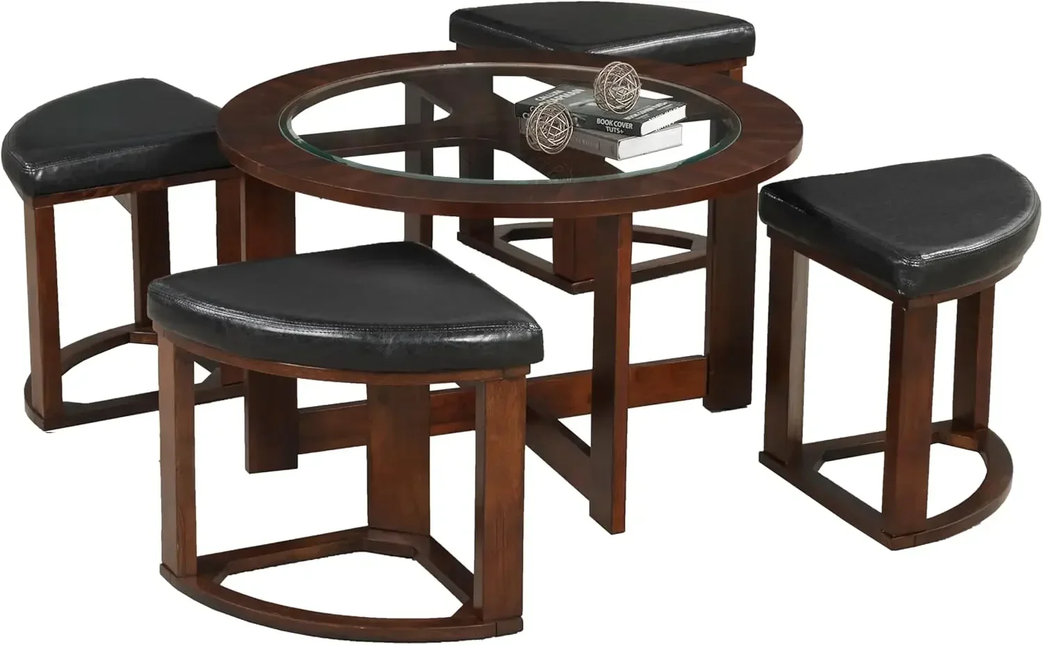 

Cylina Solid Wood Glass Top Round Coffee Table with 4 Stools, Espresso, 36.00 x 36.00 x 19.00 Inches