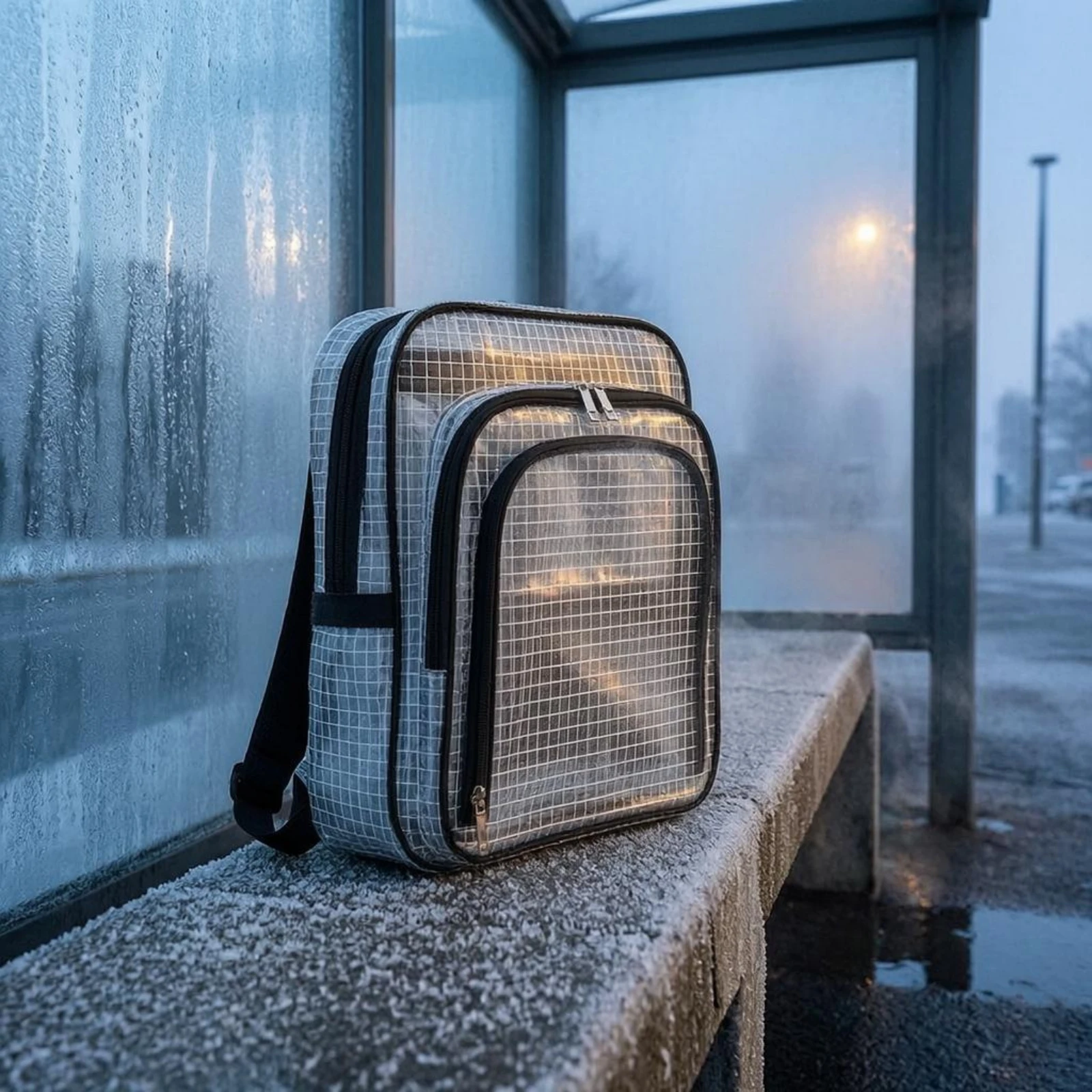 Grid PVC Backpack Front Zip Pocket Transparent Backpack Transparent Bag Top Handle School Gear Large Capacity - view 5
