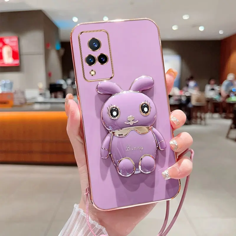 Phone Case For Vivo V21 4G 5G Luxury Plating Square Rabbit Holder With Landyard Phone Case Cover