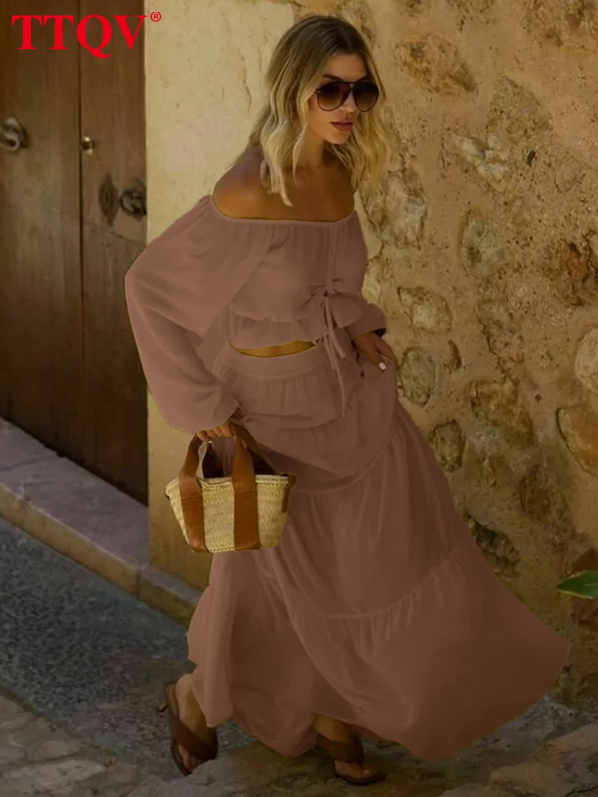 

TTQV Sexy Loose Orange Women's Two Pieces Set 2026 Fashion Long Sleeve Crop Top With High Waist Maxi Skirt Set Female Streetwear