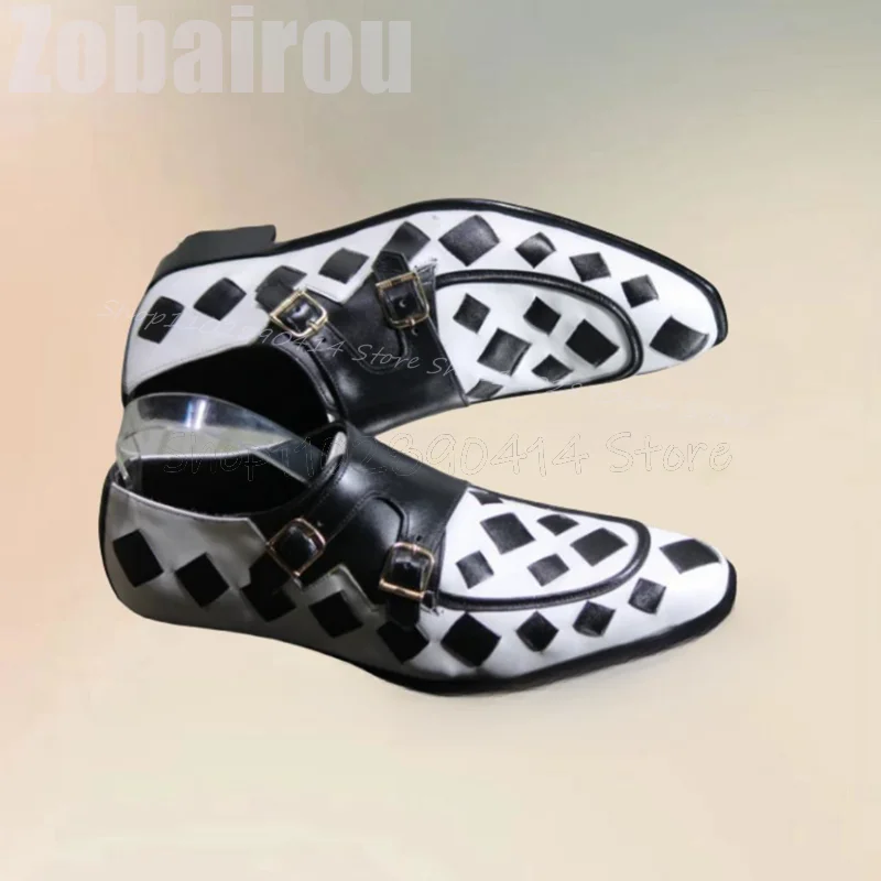 Checkerboard Design Buckle Decor Double Monk Loafers Fashion Slip On Men Shoes Luxurious Handmade Party Banquet Men Dress Shoes