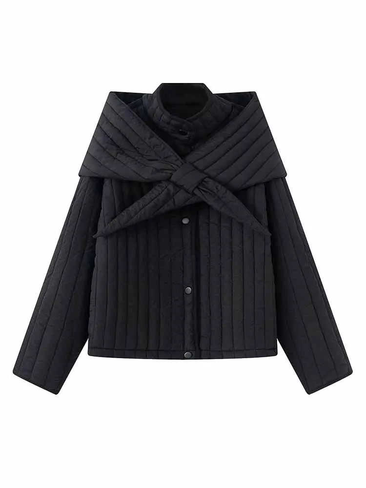 HH Female Fashion Casual Winter Solid Color Long Sleeves Stand Collar Removable Scarf Decoration Cotton Jacket Commuting Warm