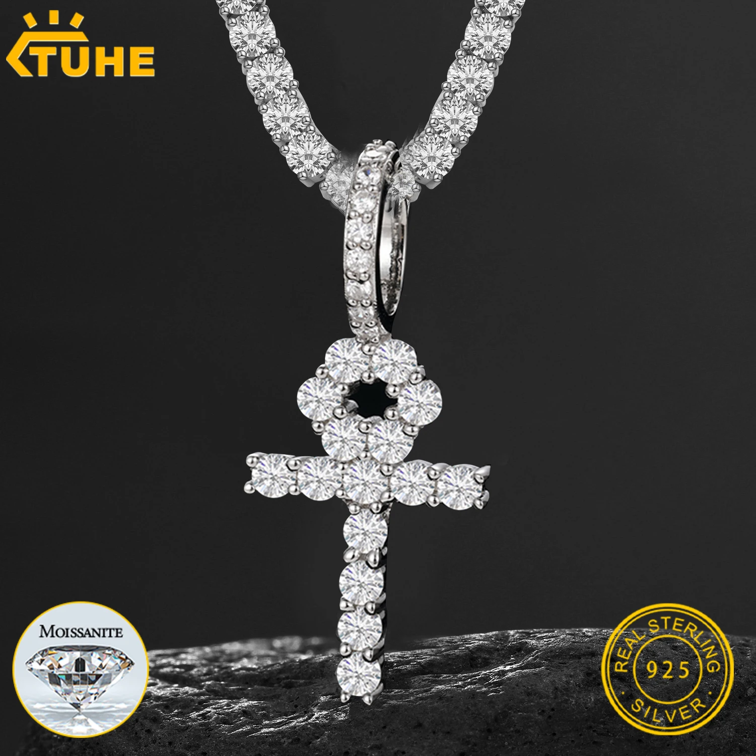 Cross Moissanite Pendants 925 Silver For Women Full Diamonds Men Necklace Fine Jewelry with 3mm Tennis Chain