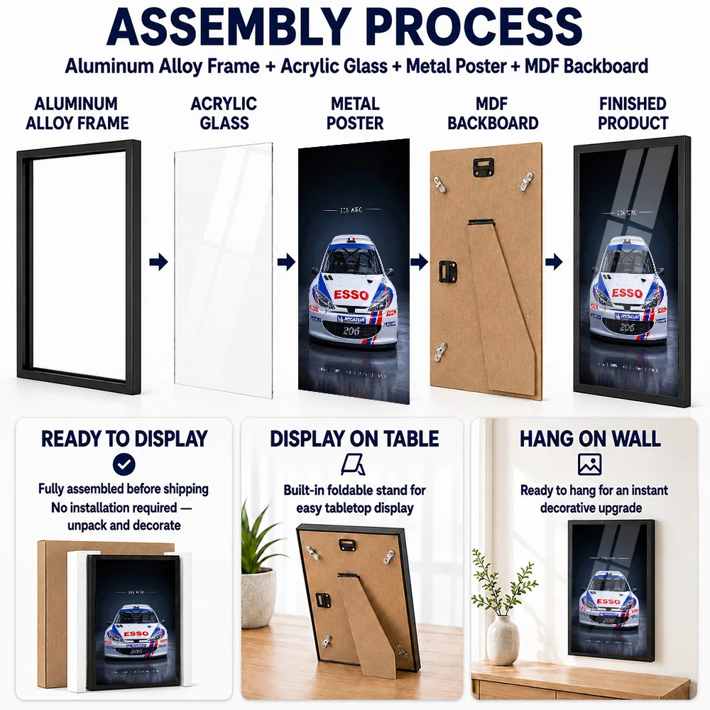 French 206 WRC Rally Car Framed Metal Print Customized Studio Graphic Wall Art For Automotive Showroom, Auto Enthusiast Gift