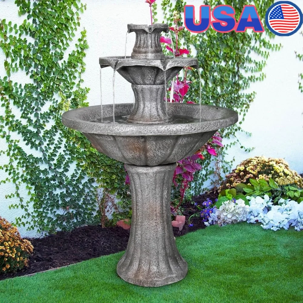 

2-Tier Outdoor Water Fountain Marble Finish Concrete Garden Decor 41.7" H Waterfall Pump Included Backyard Relaxation