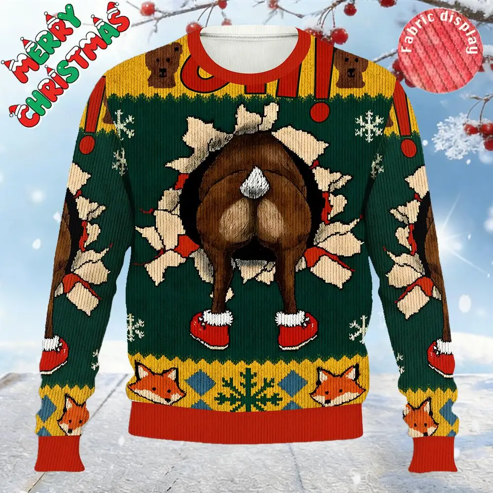 

Christmas Knitted Party Ugly Sweater 3D Print Reindeer Butt Breakthrough Sweatshirts New Year's Jersey For Men's And Women's