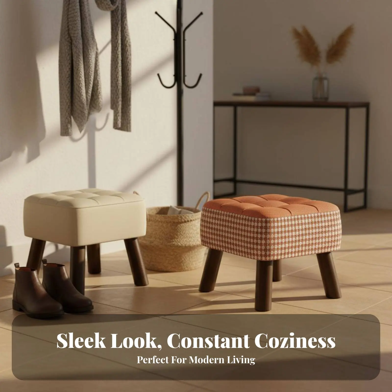 

Мягкий квадратный табурет с деревянными ножками, обитой тканью, кремового цвета, эстетичный, прочная конструкция, для взрослых.