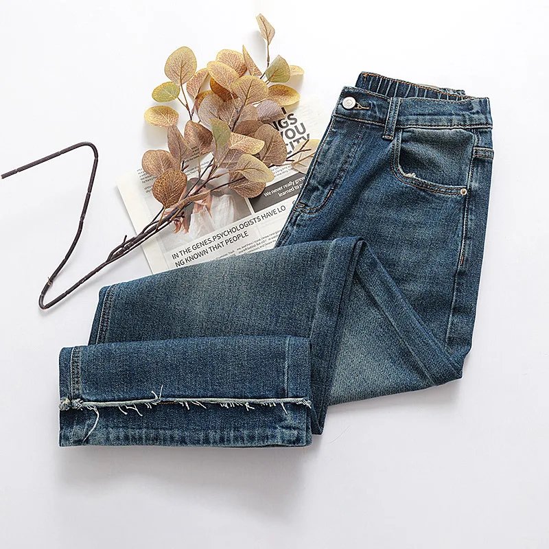 Moda plus size calças de brim femininas outono estilo namorado retalhos franjas estiramento denim perna larga calças comprimento total 8373