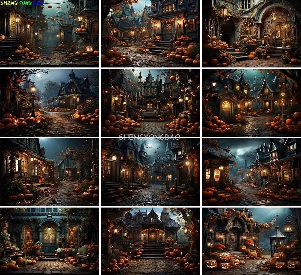 

Halloween Day Spooky Backdrop lanterns Cobwebs Creepy Vanity Filled Wicked Eerie Evil Scary Dark Night Forest Background OA-01