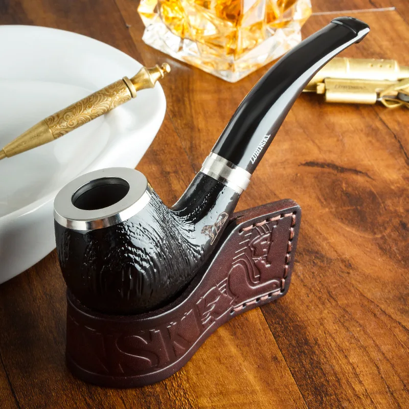 

LUBINSK Pipe Black Sandalwood Double Silver Circle Sandblasting 9mm Smoke Retro Pipe Straight Bucket Bent Bucket Men's Gift