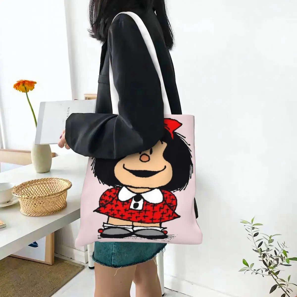 Bolso de mano con estampado de Mafalda Quino para mujer, bolsa de hombro escolar, plegable, bonito