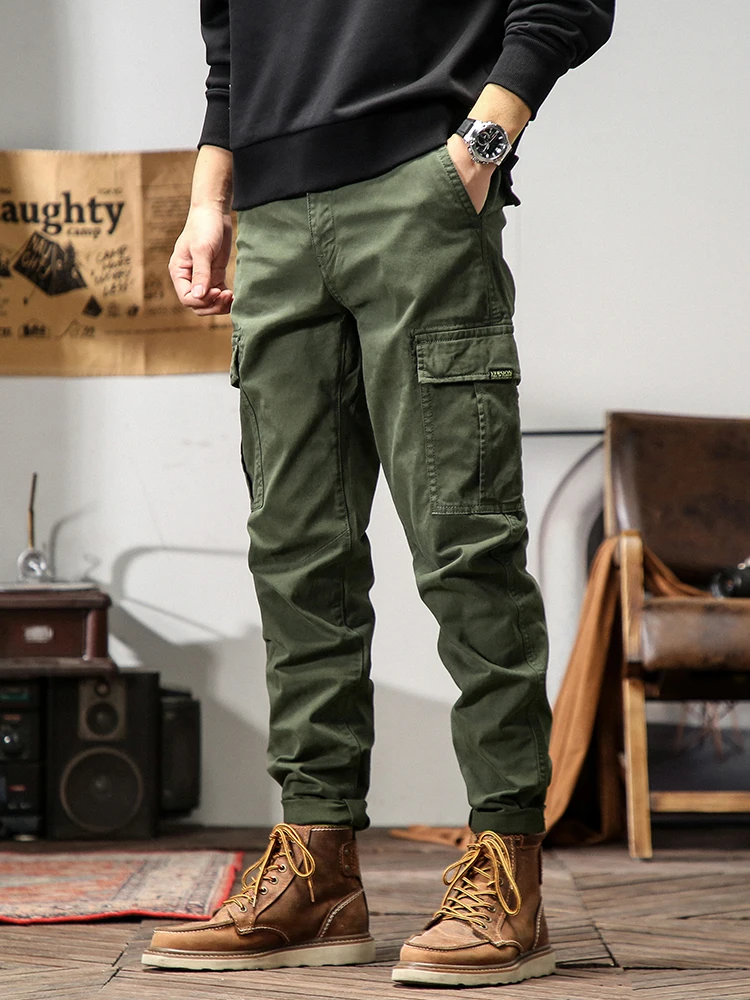 Spring Summer Straight Cargo Pants Men Multi-Pockets Army Military Slim Fit Work Joggers Casual Cotton Long Tactical Trousers