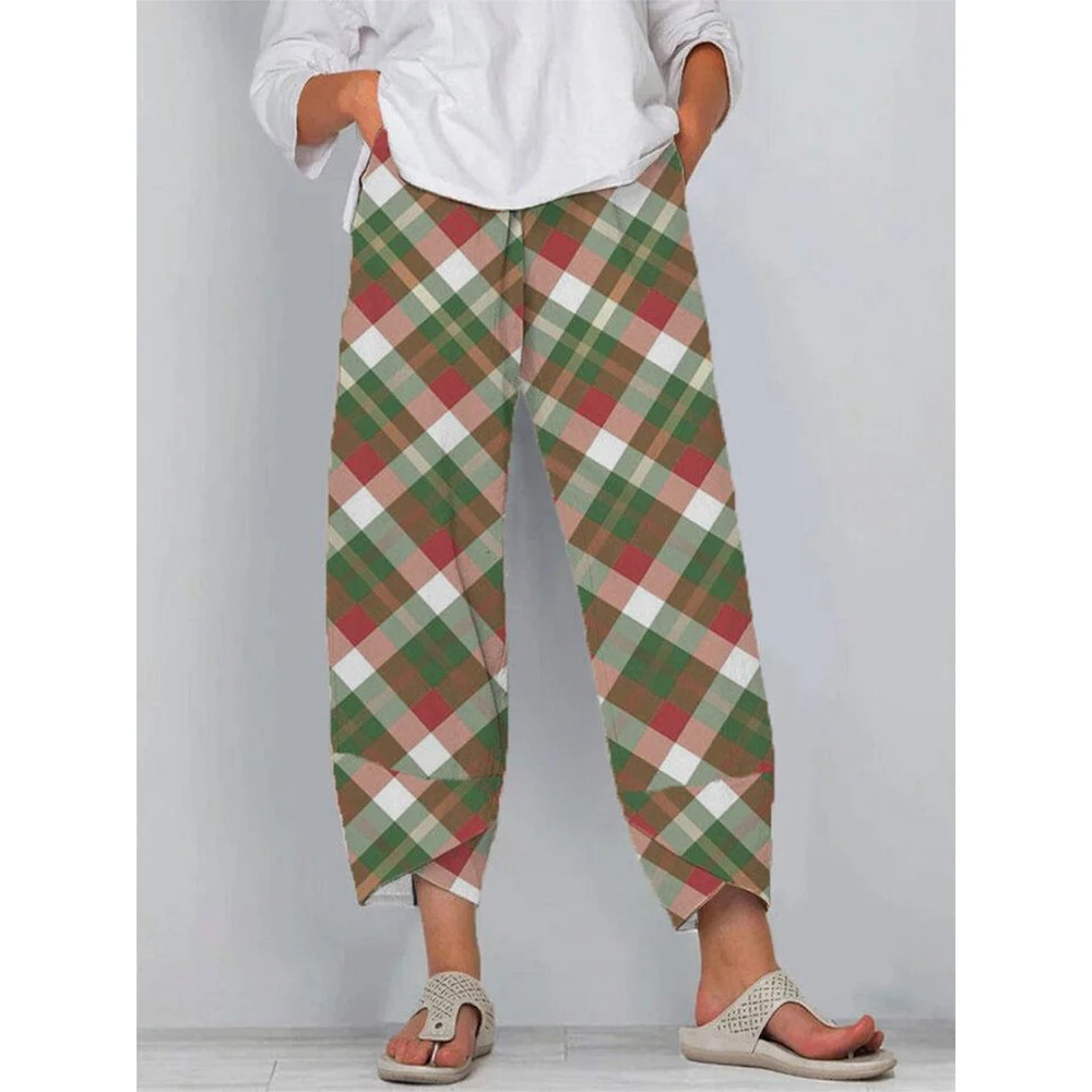 

CLOOCL Wide Leg Pants Women Pockets Trousers Christmas Plaid Print Elastic Waist Pleated Light Ankle-length Pants Party Clothing