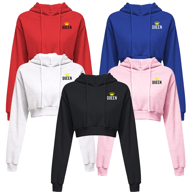 

New Fashion Women's Queen Print Open Umbilium Hoodie Sports Short Top Sports Pullover Hoodie Women's Sexy Open Umbilium Hoodie