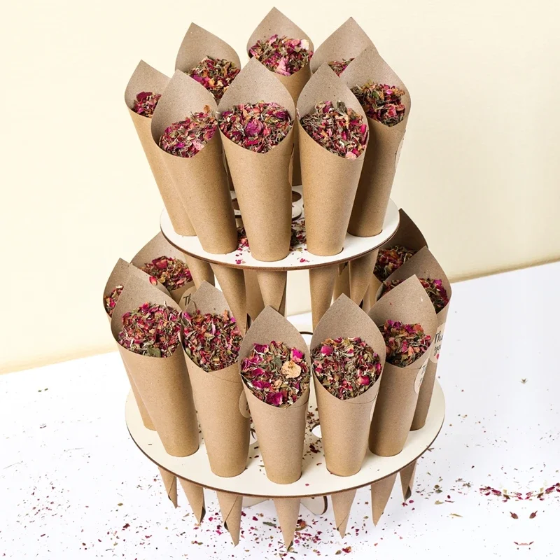 

50pcs Wedding Confetti Cones Rose Flower Confetti Tray Rustic Wedding Decoration Kraft Paper Wedding Cones Stand Holder Support