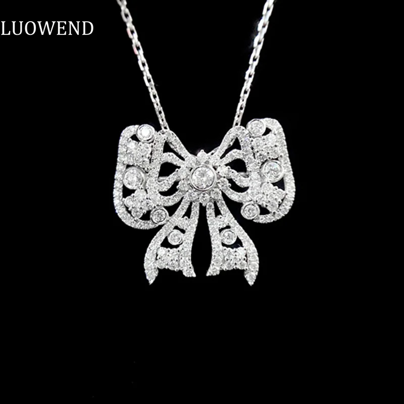 

LUOWEND 18K White Gold Necklace 1.0carat Real Natural Diamond Necklace for Women Engagement Romantic Bowknot Design High Jewelry