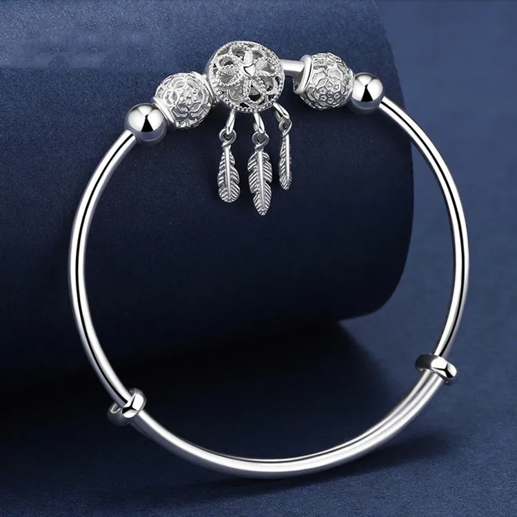 Silver Color Dreamcatcher Tassel Feather Lucky Bead Bracelet Bangle for Women Fashion Original Party Wedding Jewelry Gift