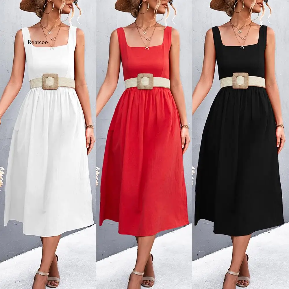 

2022 Spring Summer Backless Square Neck Spaghetti Strap Party Dress Women Sexy Solid Color Sleeveless A Line Mid-calf Dresses