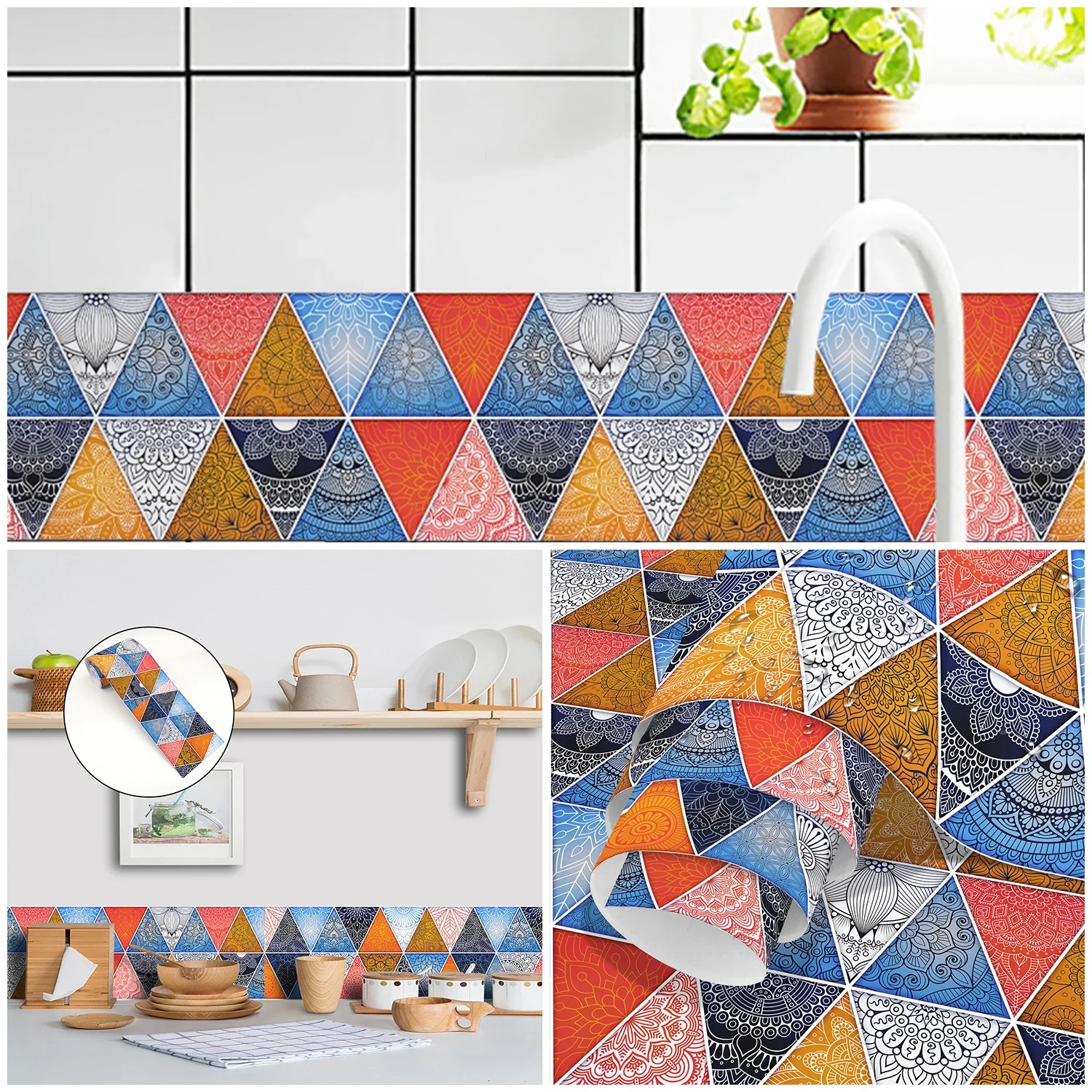 Colorful Triangular Mandala Pattern Wall Stickers Peel & Stick Kitchen Bathroom Decorative Tiles Waistline Skirting Strip for Ho