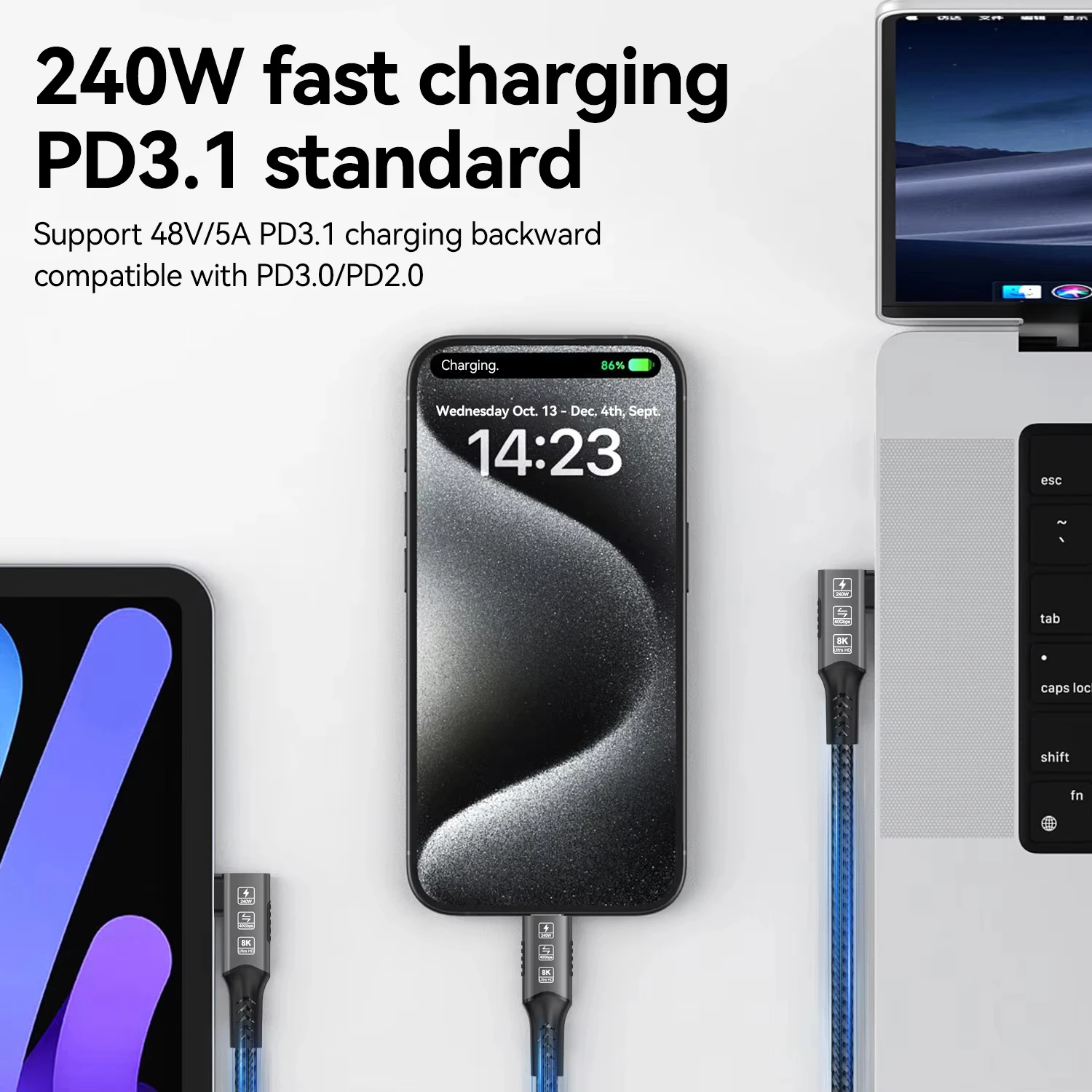 كابل USB4 من النوع C إلى النوع C 240 وات Thunderbolt 3/4 متوافق مع شاشة الكمبيوتر كابل بيانات شحن فائق السرعة بدقة 8K HD