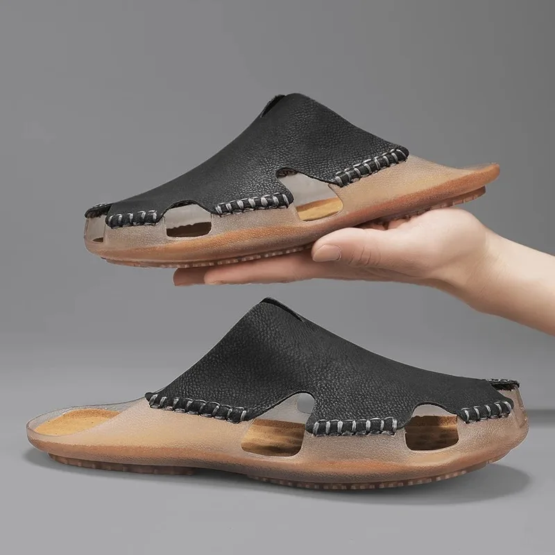 

Men Slippers Mules Leather Sandals Summer Classic Shoes Men Slippers Soft Sandals Men's Comfortable Outdoor Walking Mules