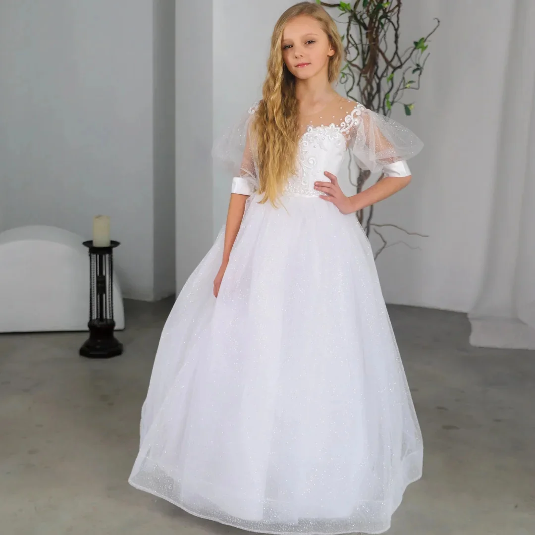 Customized Flower Girl Dress White Tulle Floral Appliques Long Sleeve For Wedding Birthday Prom Banquet Holy Communion Gown