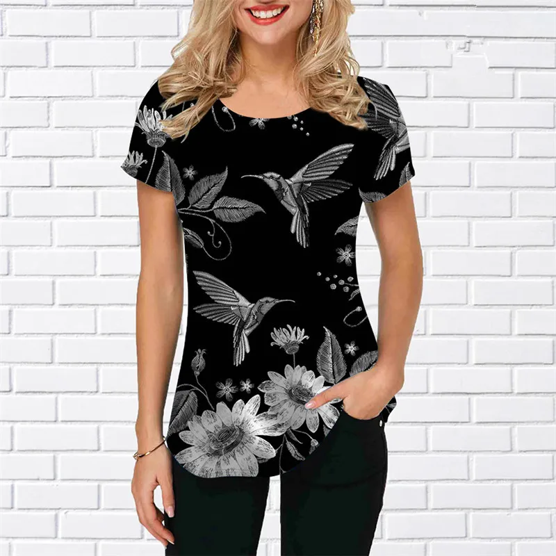 Women birdie Print Shirts Summer Short Sleeve Street 3D Style Ladies Blouses Loose Casual Round-Neck Oversized Pullovers Tops