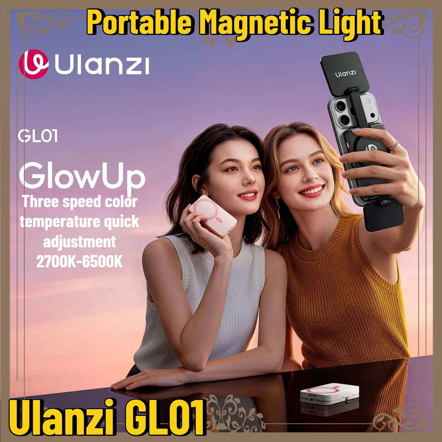 ulanzi-gl01-glowup：スマートフォン用、magsafe対応、type-c充電式、2700k～6500kの色温度調整が可能な、持ち運び可能な自撮り用ビューティーライト。vlogやtiktokのライブ配信に最適。