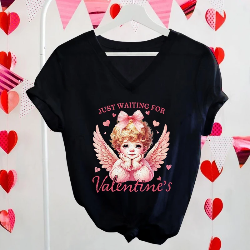 Just Waiting for Valentine's Day T-shirts Women Cartoon Baby Cupid Tops Tees Creative Ladies V-Neck Coquette Valentine T Shirts