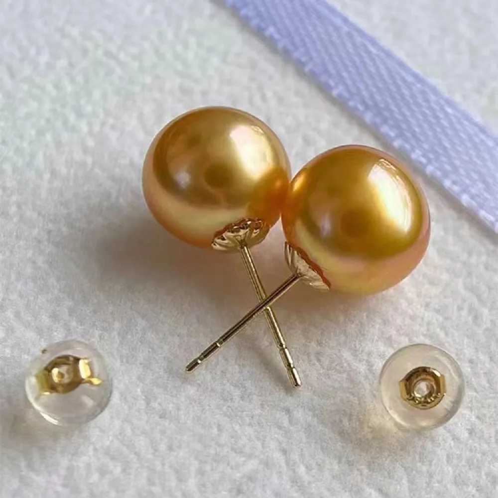 

hot Huge AAAA 9-10mm 10-11mm 11-12mm natural south sea gold round Pearl Earrings set 18k