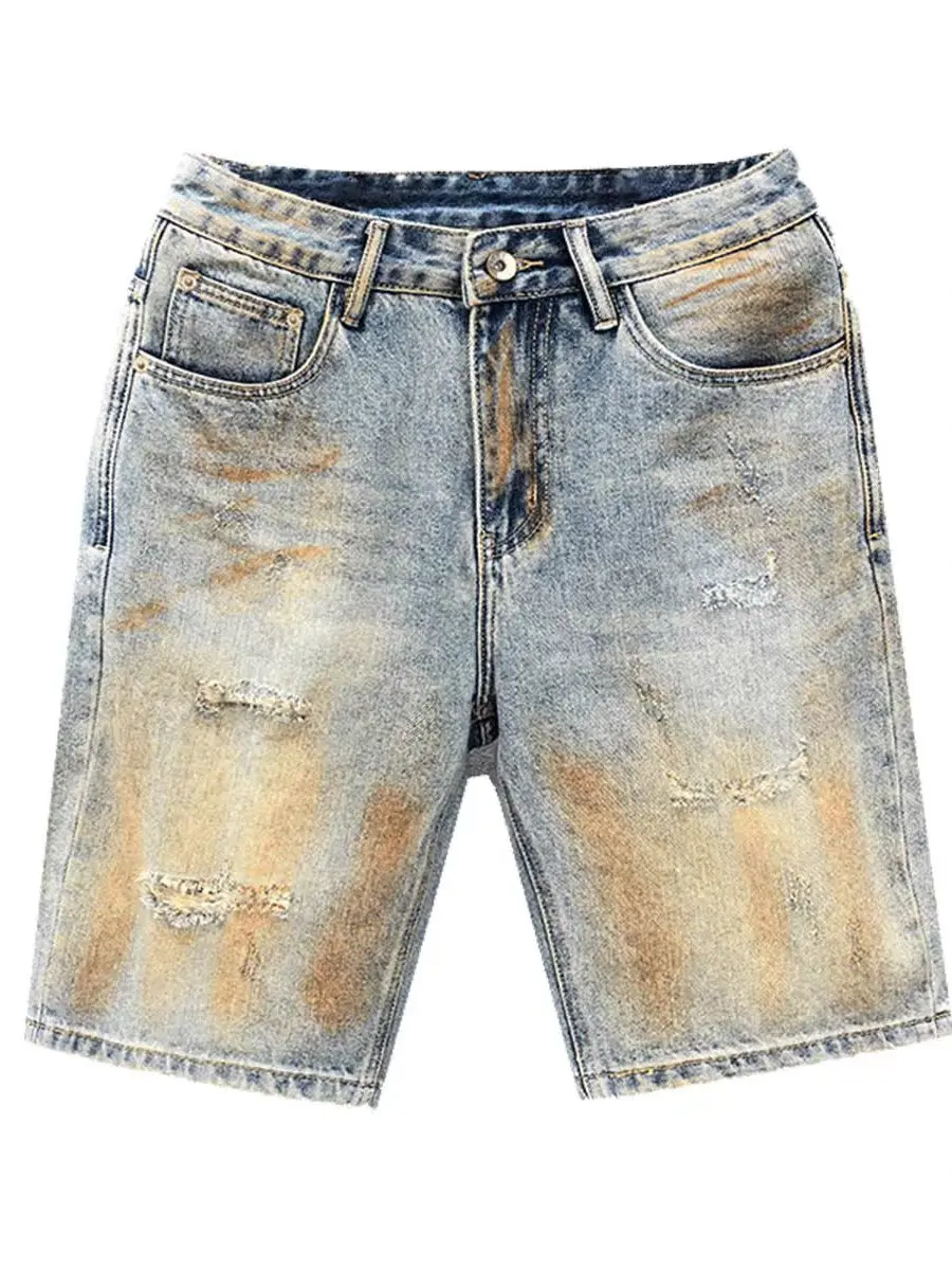 Calças Jeans Masculinas Estilo Deserto Americano Retrô, orts de Perna Reta, Desgastados, dos, com Furos, Denim, Casual,...