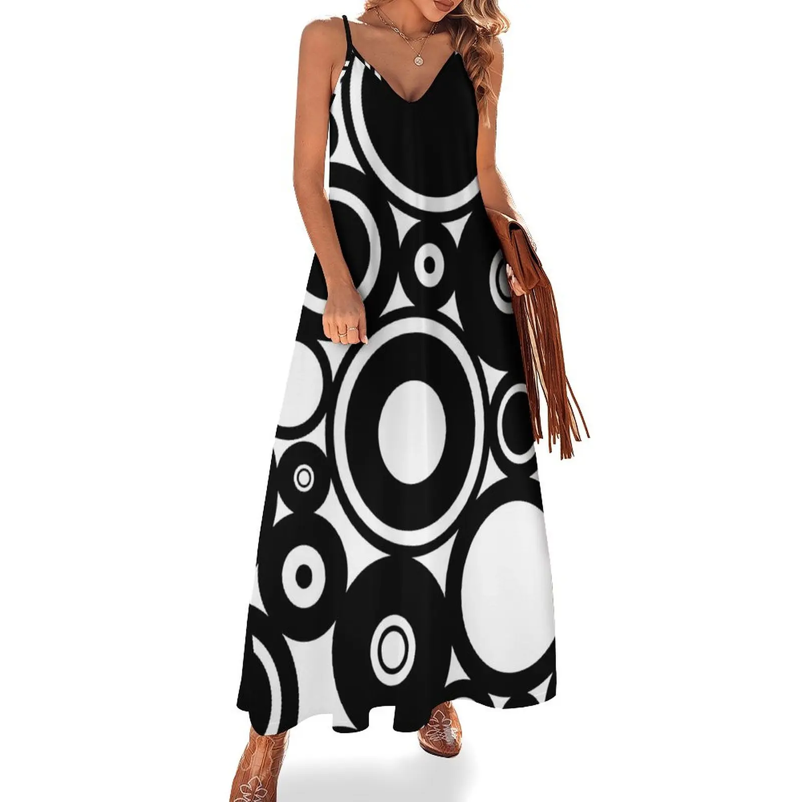 

Retro Black White Circles Pop Art Sleeveless Long Dress elegant women's dresses for wedding prom clothes Long dresses Dress