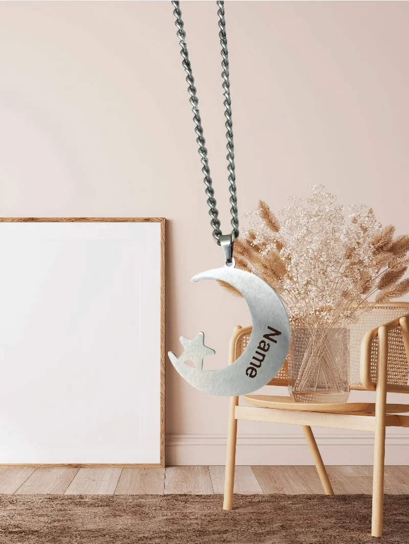 

Custom Star And Moon Necklace Featuring Moon Diamond Studded Star Front Unique Name Back Suitable Gifts Family Friends Worn Girl