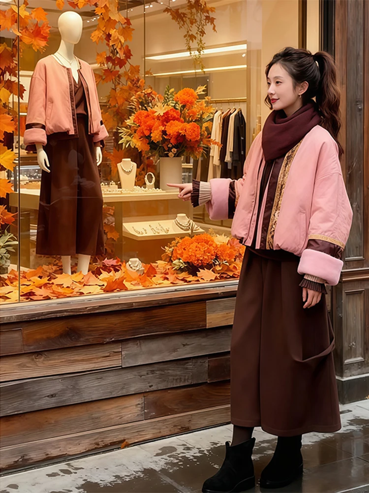 

Chic ort Cotton Jaet And Wide Leg Pants Two Piece Set Traditional Chinese Sle Warm Thiened Winter Faion Women's Ens...