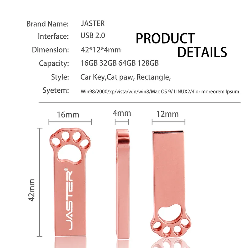 JASTER Cat Paws USB Flash Drives 128GB High Speed Memory Stick 64GB Mini Metal PenDrive 32GB Free Custom Logo USB Stick 16GB 8GB