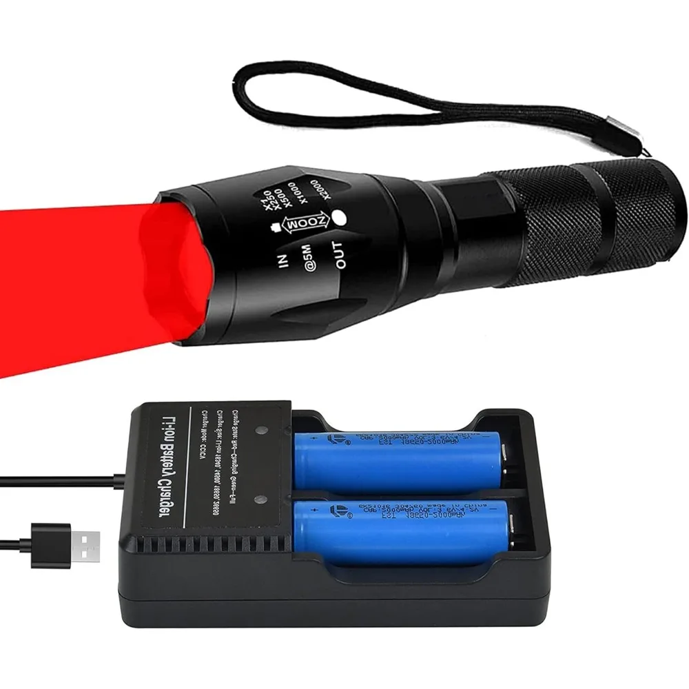 670nm Red Light Flashlight, Zoomable Long Range Torch for Hunting, Astronomy, Aviation & Night Observation, Adjustable Focus